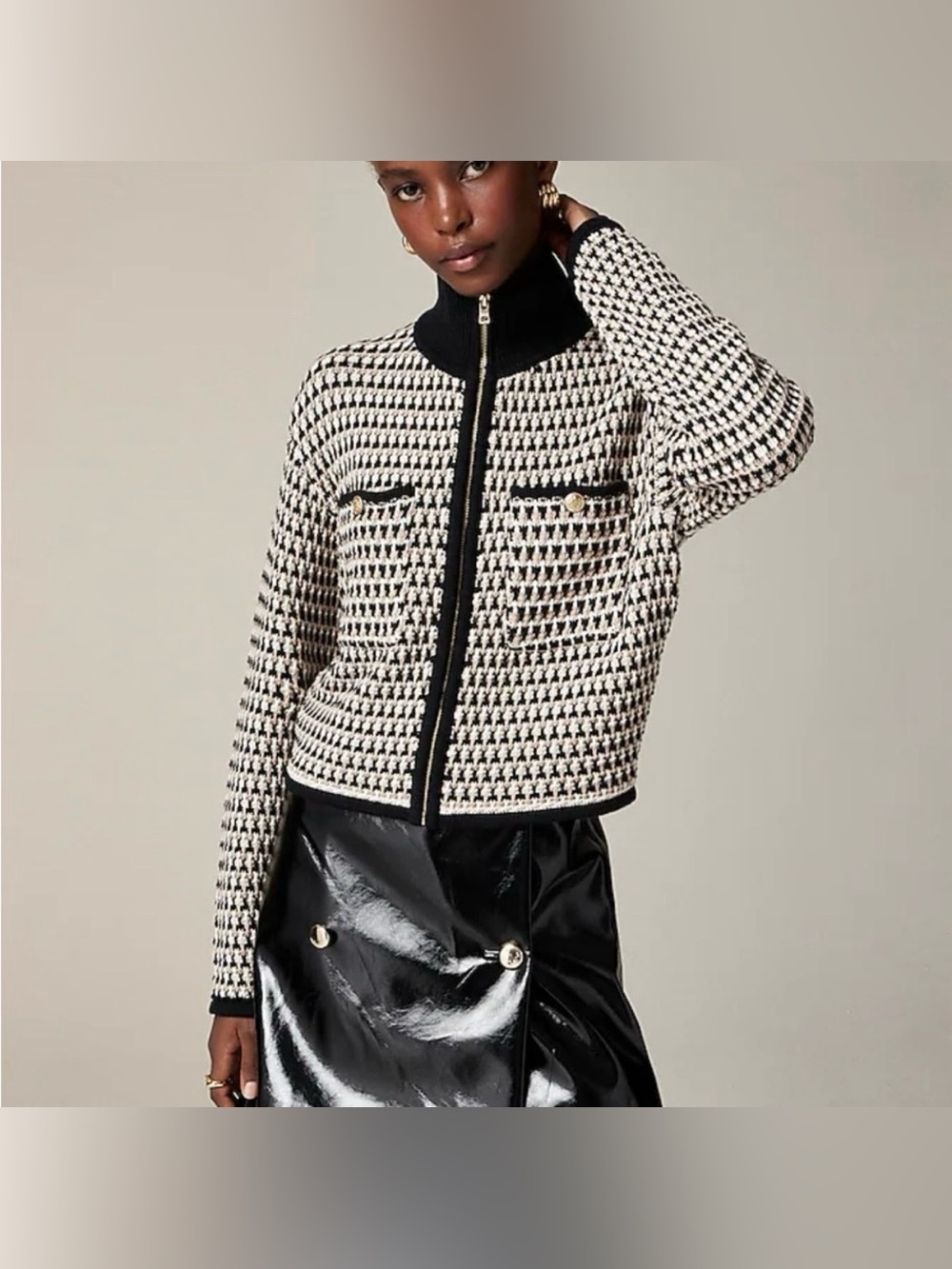 J. Crew Black and White Houndstooth Zip-Front Jacket Cardigan. Size S.